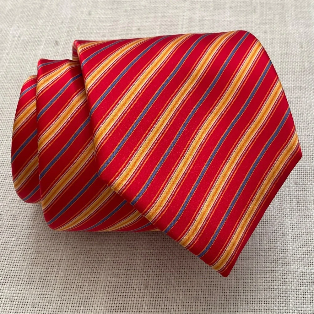 Brioni Silk Tie Striped Red/Yellow/Blue Handmade in Italy NWOT